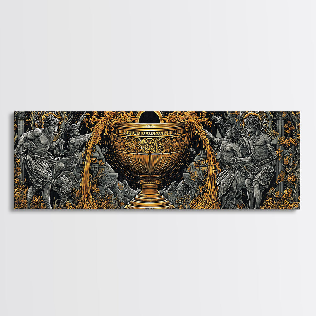 Ancient Chalice Of Gods, Mythological Cup With Figures And Flowing Design, Gold Canvas Print, Real Wood Frame Artwork