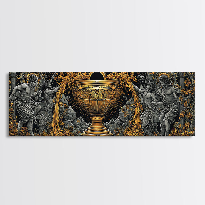 Ancient Chalice Of Gods, Mythological Cup With Figures And Flowing Design, Gold Canvas Print, Real Wood Frame Artwork