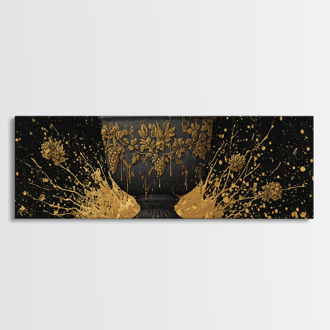 Grapevine Chalice Artwork, Classical Mythological Cup Decorative Wall Design, Gold Canvas Print, Real Wood Frame Wall Art