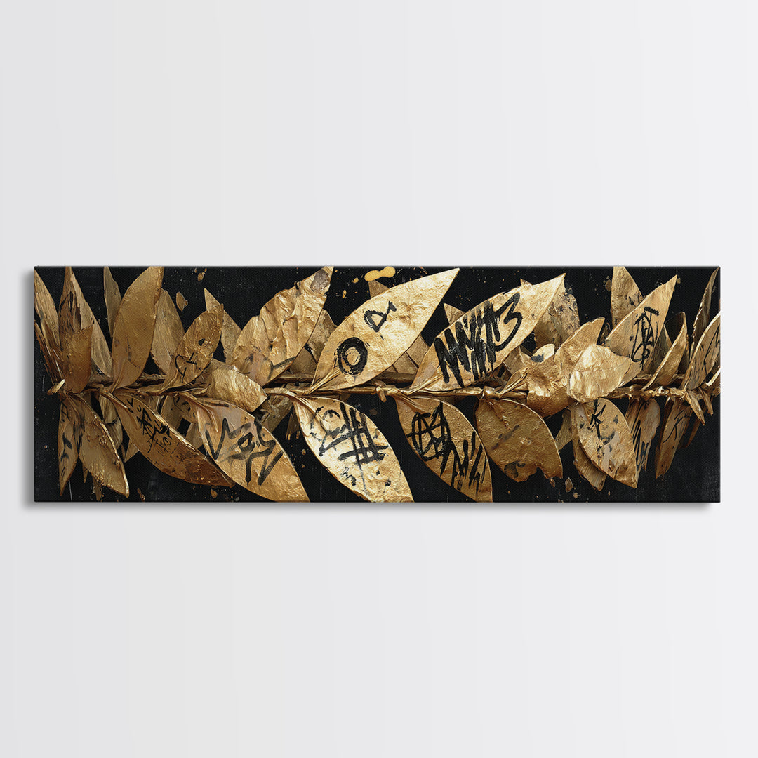 Laurel Wreath Crown, Ancient Greek Symbol Of Victory Decorative Wall Artwork, Gold Canvas Print, Real Wood Frame Decor