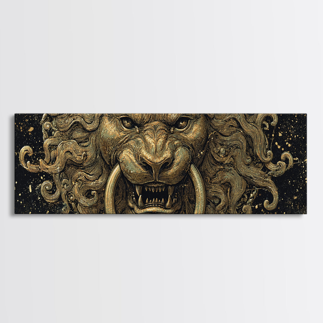 Roaring Lion Head, Fierce Mythological Beast Symbol Of Power Wall Artwork, Gold Canvas Print, Real Wood Frame Wall Decor