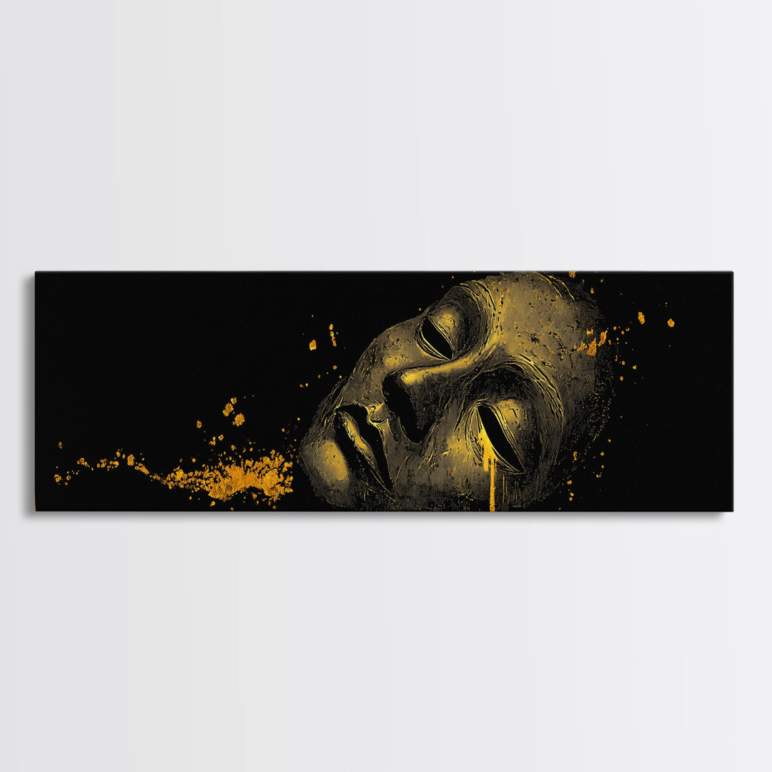 Crying Mask Artwork, Mythological Tragedy Symbol Dramatic Face Wall Design, Gold Canvas Print, Real Wood Frame Wall Art