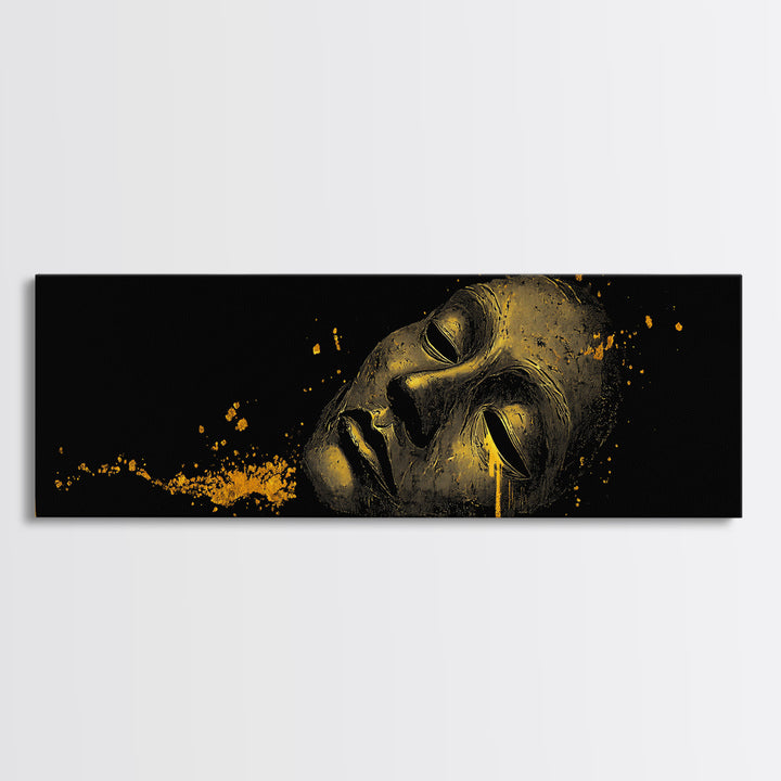 Crying Mask Artwork, Mythological Tragedy Symbol Dramatic Face Wall Design, Gold Canvas Print, Real Wood Frame Wall Art