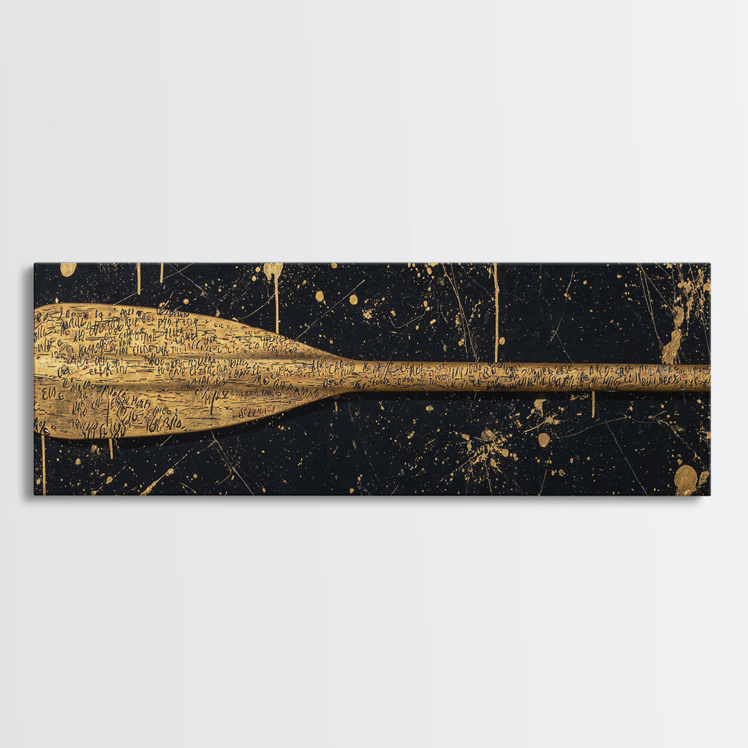 Ancient Oar Artwork, Mythological Paddle With Script Decorative Wall Design, Gold Canvas Print, Real Wood Frame Wall Art
