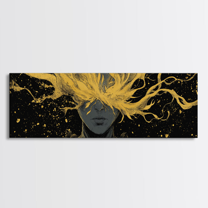 Blinded Mythological Figure, Flowing Fire Vision Symbolic Wall Artwork, Gold Canvas Print, Real Wood Frame Wall Decor