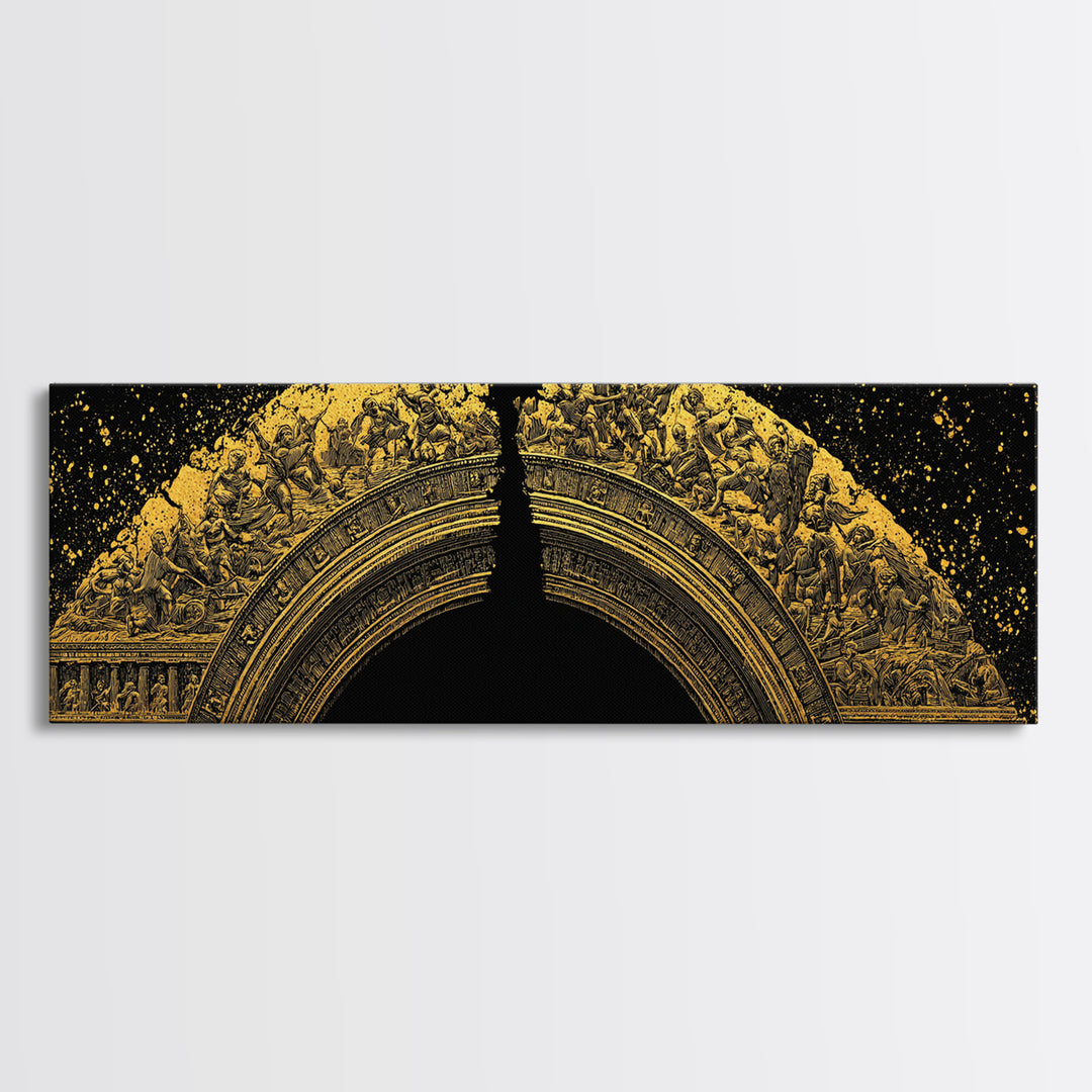 Golden Arch Of Mythology, Classical Greek Relief Sculpture Wall Decor, Gold Canvas Print, Real Wood Frame