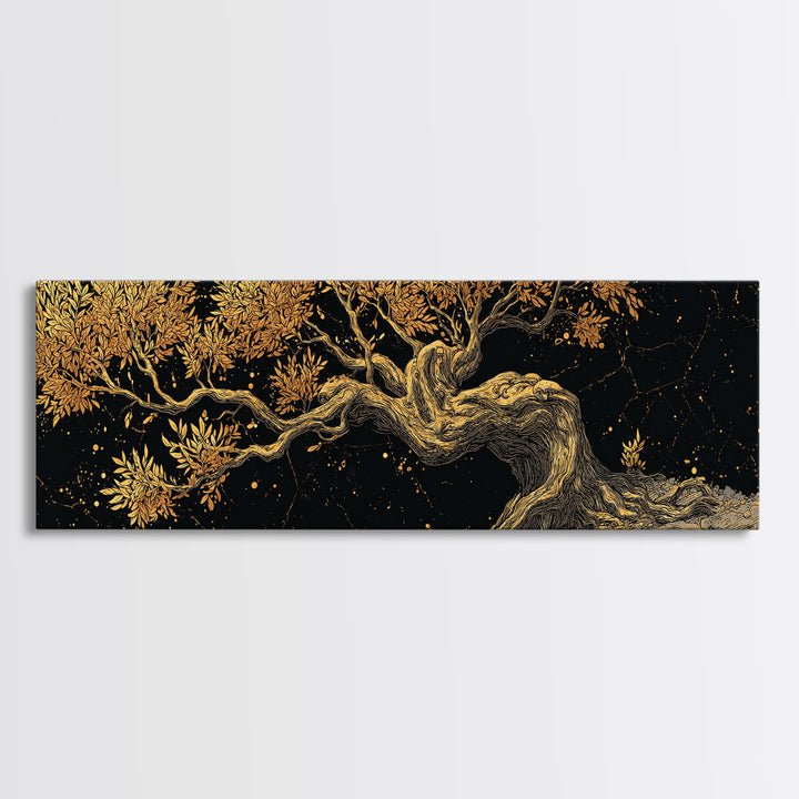 Ancient Olive Tree Artwork, Mythological Symbol Of Peace Decorative Wall Design, Gold Canvas Print, Real Wood Frame Art