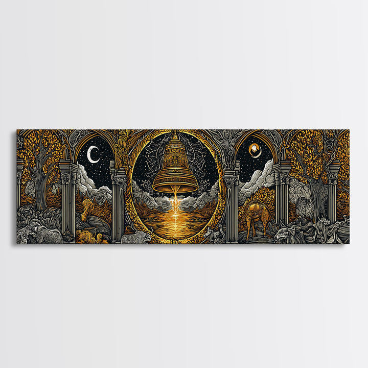 Mythological Temple Scene With Golden Bell, Classical Arches And Night Sky Artwork, Gold Canvas Print, Real Wood Frame