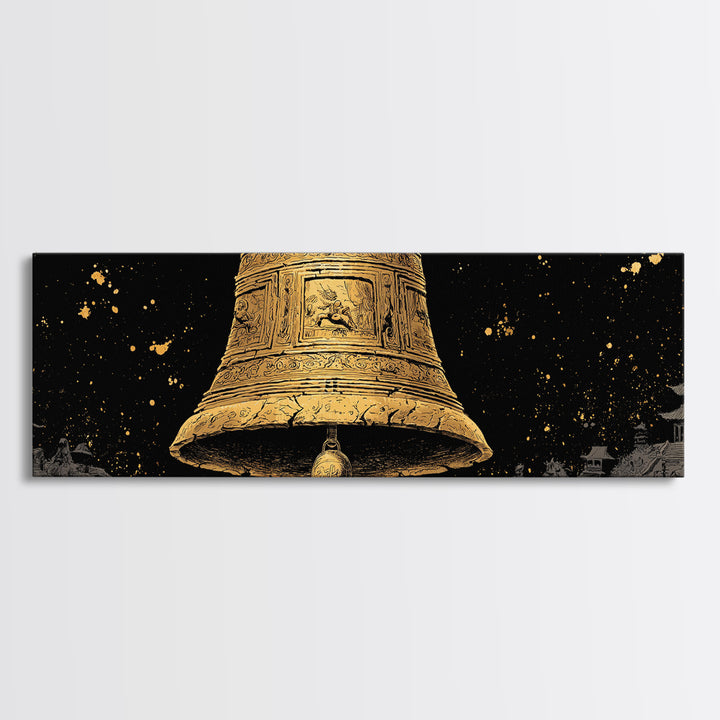 Ancient Golden Bell Artwork, Mythological Temple Scene Decorative Wall Art, Gold Canvas Print, Real Wood Frame Decor