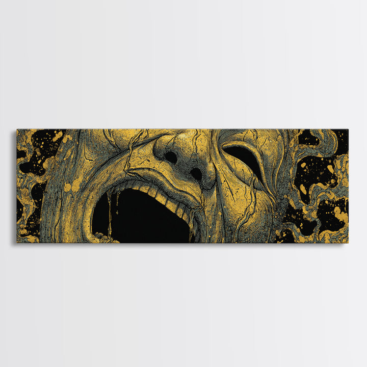 Screaming Tragedy Mask, Ancient Greek Mythological Theater Artwork, Gold Canvas Print, Real Wood Frame Wall Decor