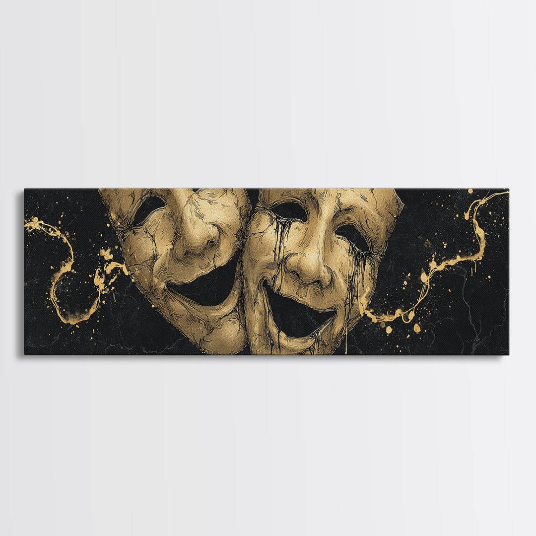 Comedy And Tragedy Masks, Ancient Greek Theater Symbolic Mythological Artwork, Gold Canvas Print, Real Wood Frame Wall Art