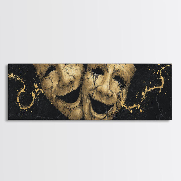 Comedy And Tragedy Masks, Ancient Greek Theater Symbolic Mythological Artwork, Gold Canvas Print, Real Wood Frame Wall Art