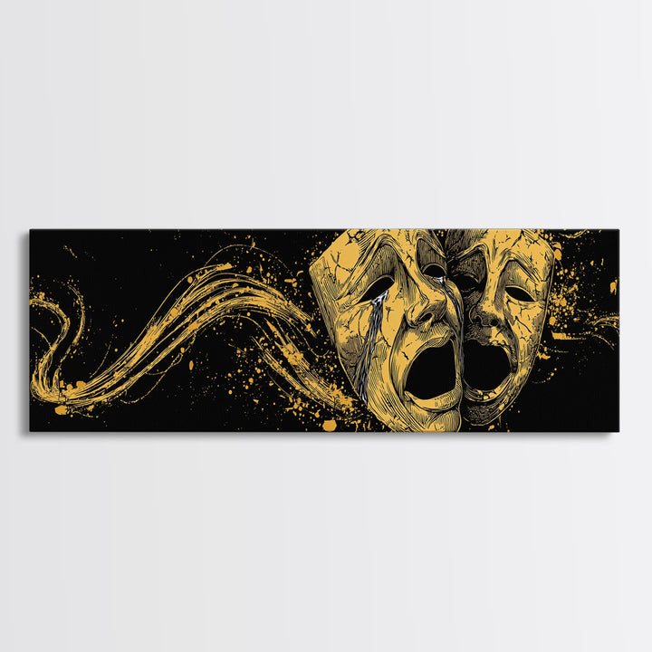 Paired Tragic Masks, Mythological Theater Symbol Decorative Wall Artwork, Gold Canvas Print, Real Wood Frame Wall Decor