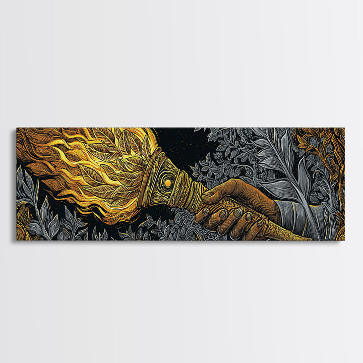 Ancient Torch Of Flames, Mythological Fire Symbol Decorative Wall Artwork, Gold Canvas Print, Real Wood Frame Wall Decor