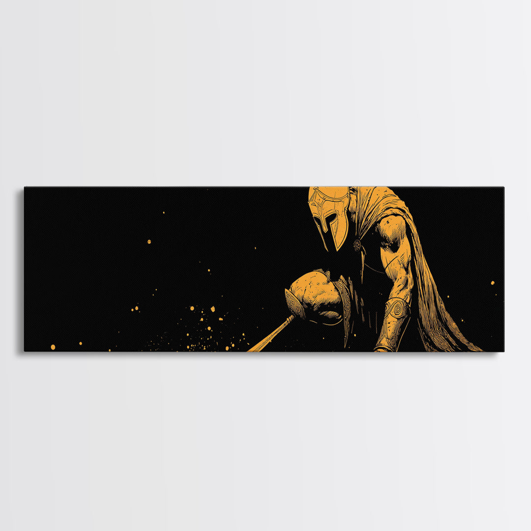 Greek Warrior Kneeling, Ancient Mythological Spartan Soldier With Spear Artwork, Gold Canvas Print, Real Wood Frame Decor