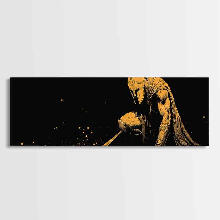 Greek Warrior Kneeling, Ancient Mythological Spartan Soldier With Spear Artwork, Gold Canvas Print, Real Wood Frame Decor