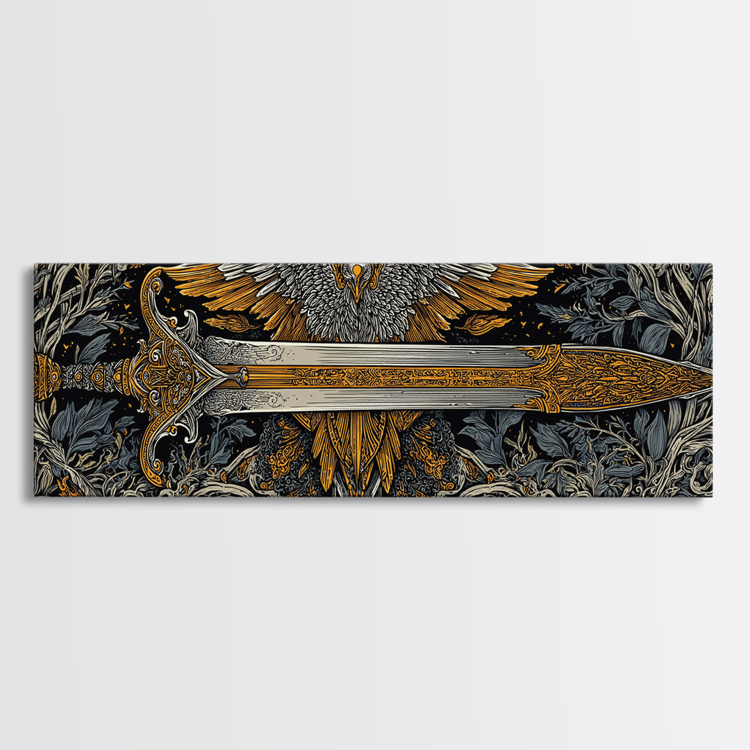 Sword With Wings, Mythological Weapon And Guardian Bird Decorative Wall Artwork, Gold Canvas Print, Real Wood Frame Art