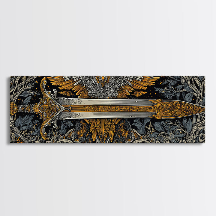 Sword With Wings, Mythological Weapon And Guardian Bird Decorative Wall Artwork, Gold Canvas Print, Real Wood Frame Art