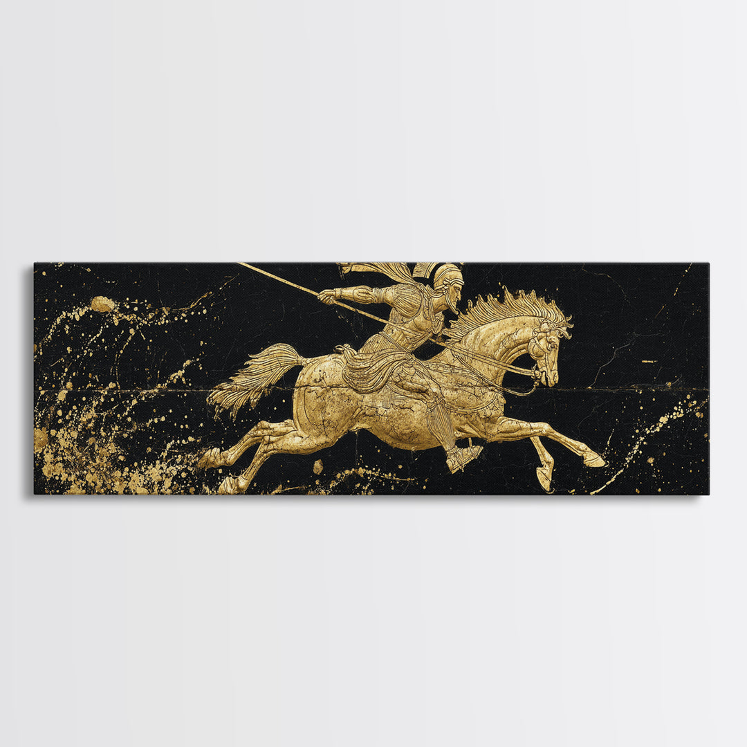Spartan Warrior On Horse, Ancient Greek Mythological Rider With Spear Artwork, Gold Canvas Print, Real Wood Frame Wall Decor