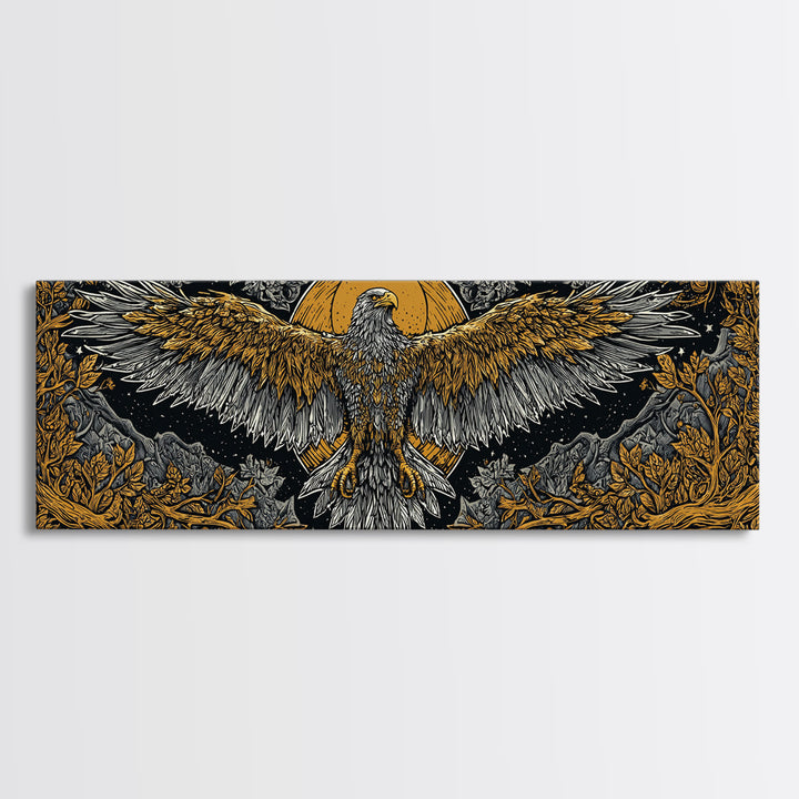 Majestic Golden Eagle Rising, Mythical Bird Of Power Wall Decor, Gold Canvas Print, Real Wood Framed Art