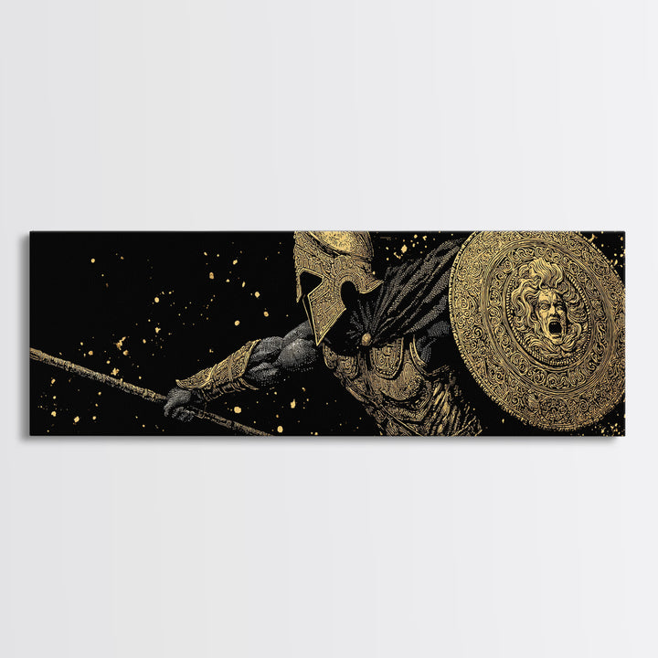 Heroic Warrior With Shield, Ancient Greek Spartan Mythological Battle Artwork, Gold Canvas Print, Real Wood Frame Wall Decor