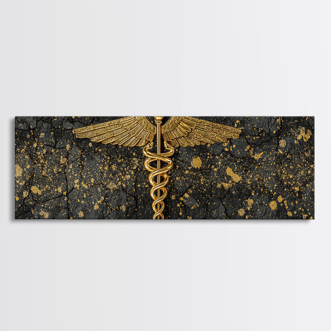 Caduceus Symbol Artwork, Ancient Mythological Medicine Emblem Decorative Wall Art, Gold Canvas Print, Real Wood Frame