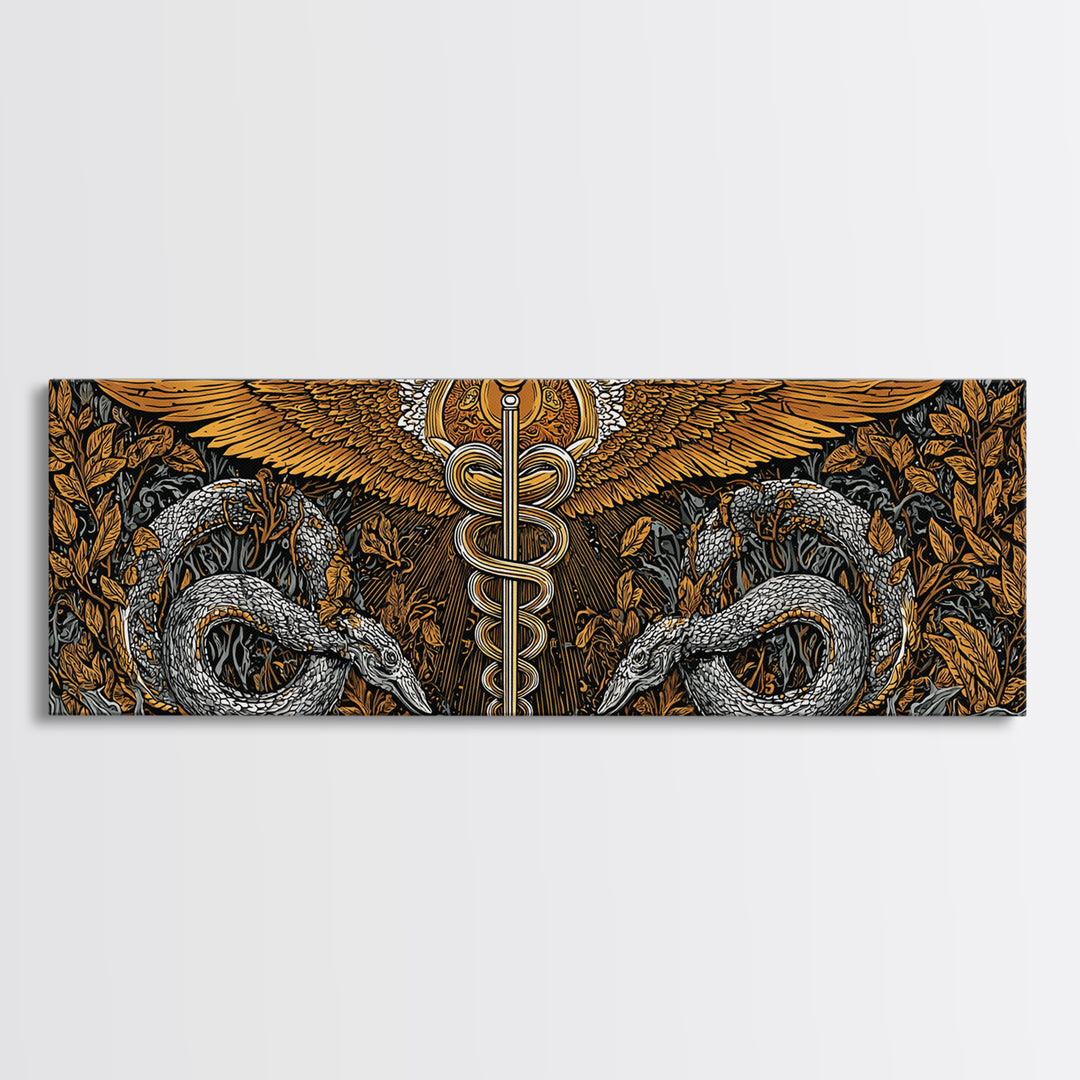 Caduceus With Serpents, Mythological Healing Symbol Decorative Wall Artwork, Gold Canvas Print, Real Wood Frame Decor