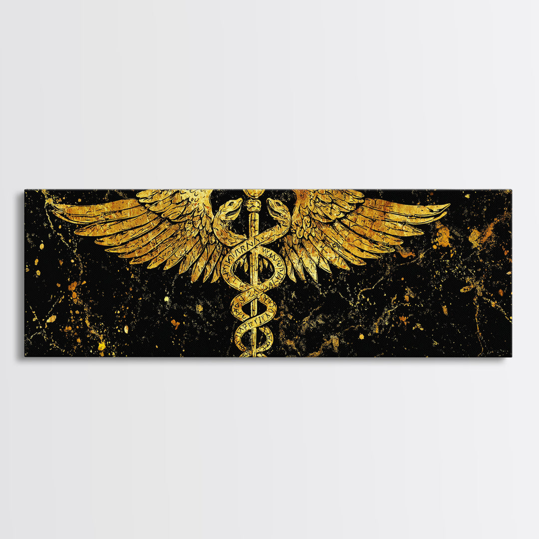 Ancient Caduceus Symbol, Winged Serpent Staff Mythological Artwork, Gold Canvas Print, Real Wood Frame Wall Decor