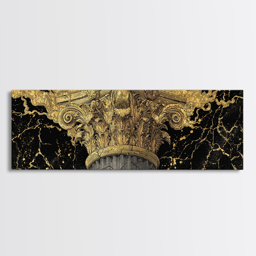 Classical Corinthian Column, Ancient Pillar Decorative Architectural Artwork, Gold Canvas Print, Real Wood Frame Wall Art