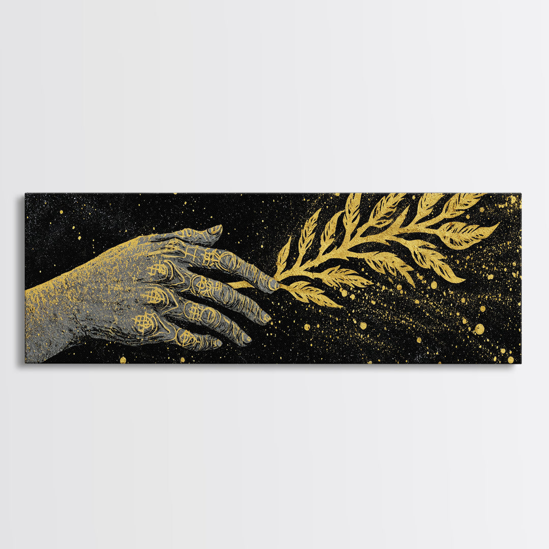 Hand With Olive Branch, Mythological Symbol Of Peace Decorative Wall Artwork, Gold Canvas Print, Real Wood Frame Wall Art