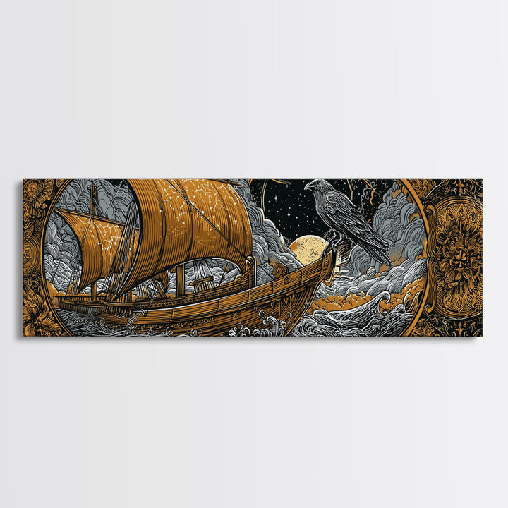 Ancient Sailing Ship, Mythological Vessel With Raven Decorative Wall Artwork, Gold Canvas Print, Real Wood Frame Wall Decor