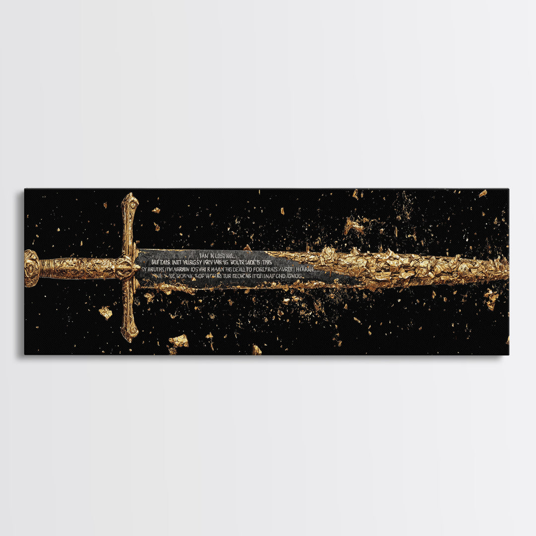 Ancient Sword Shattering, Mythological Weapon Symbolic Battle Decorative Artwork, Gold Canvas Print, Real Wood Frame Wall Art