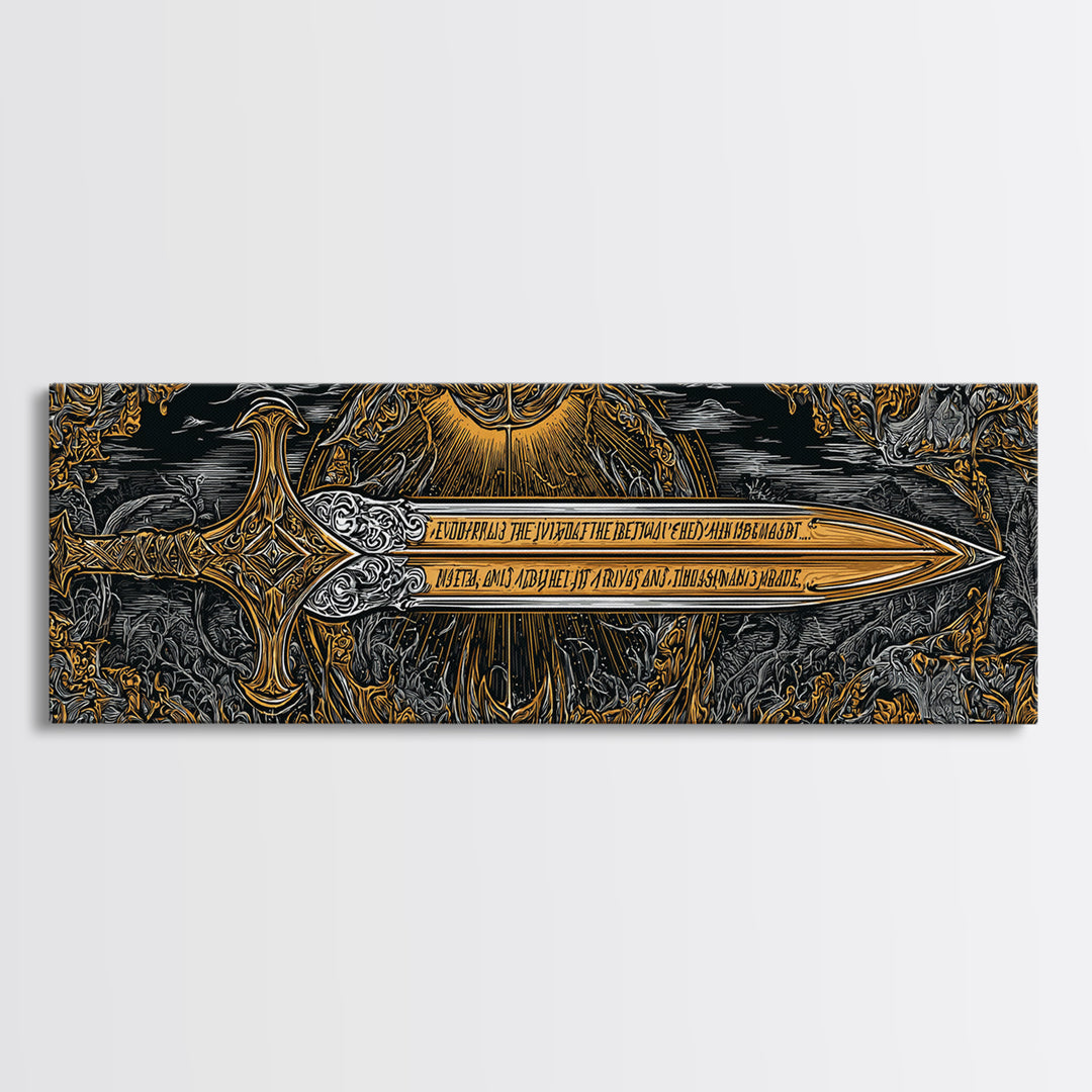 Ornate Mythological Sword, Decorative Ancient Weapon Symbolic Wall Artwork, Gold Canvas Print, Real Wood Frame Wall Decor