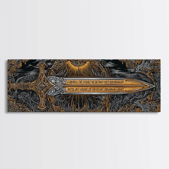 Ornate Mythological Sword, Decorative Ancient Weapon Symbolic Wall Artwork, Gold Canvas Print, Real Wood Frame Wall Decor