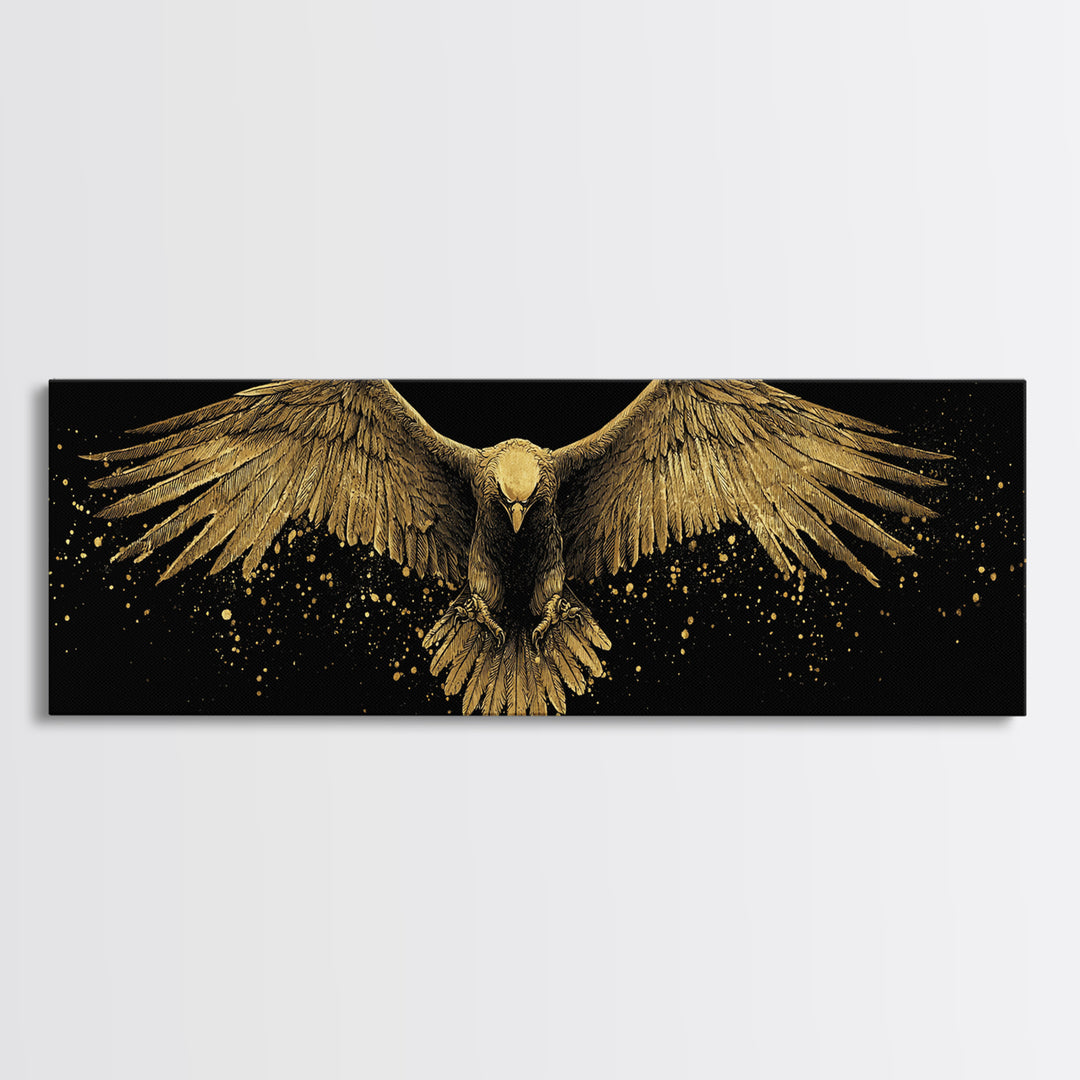 Golden Eagle In Flight, Regal Mythological Bird Wall Decor, Gold Canvas Print, Real Wood Frame Art