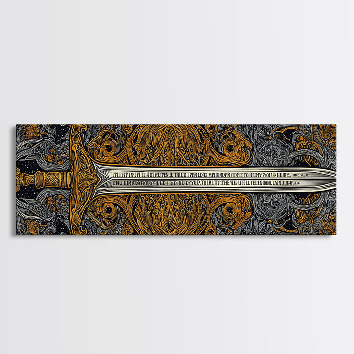 Epic Ancient Sword, Mythological Weapon Of Power Decorative Wall Artwork, Gold Canvas Print, Real Wood Frame Wall Decor