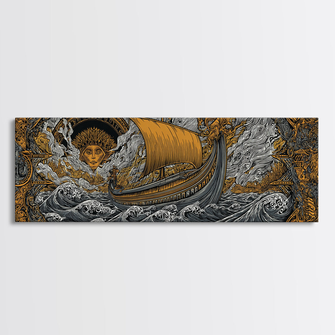 Mythological Sun Face And Ancient Ship, Epic Sea Voyage Decorative Wall Artwork, Gold Canvas Print, Real Wood Frame Decor