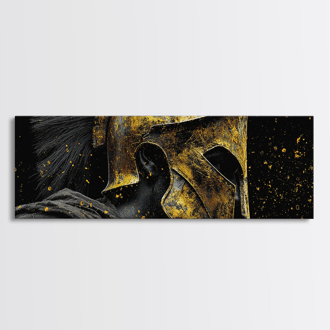 Spartan Warrior Helmet, Ancient Greek Mythological Armor Decorative Artwork, Gold Canvas Print, Real Wood Frame Wall Art