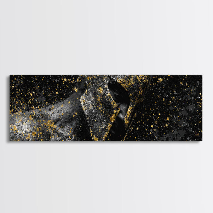 Abstract Spartan Helmet, Mythological Greek Warrior Armor Decorative Wall Artwork, Gold Canvas Print, Real Wood Frame Decor