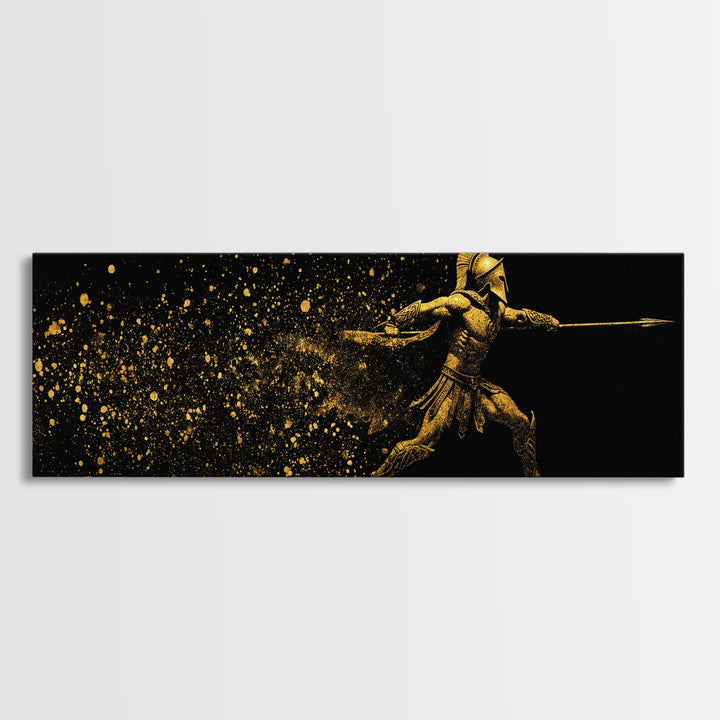 Greek Warrior Throwing Spear, Mythological Spartan Hero Battle Scene Artwork, Gold Canvas Print, Real Wood Frame Wall Decor