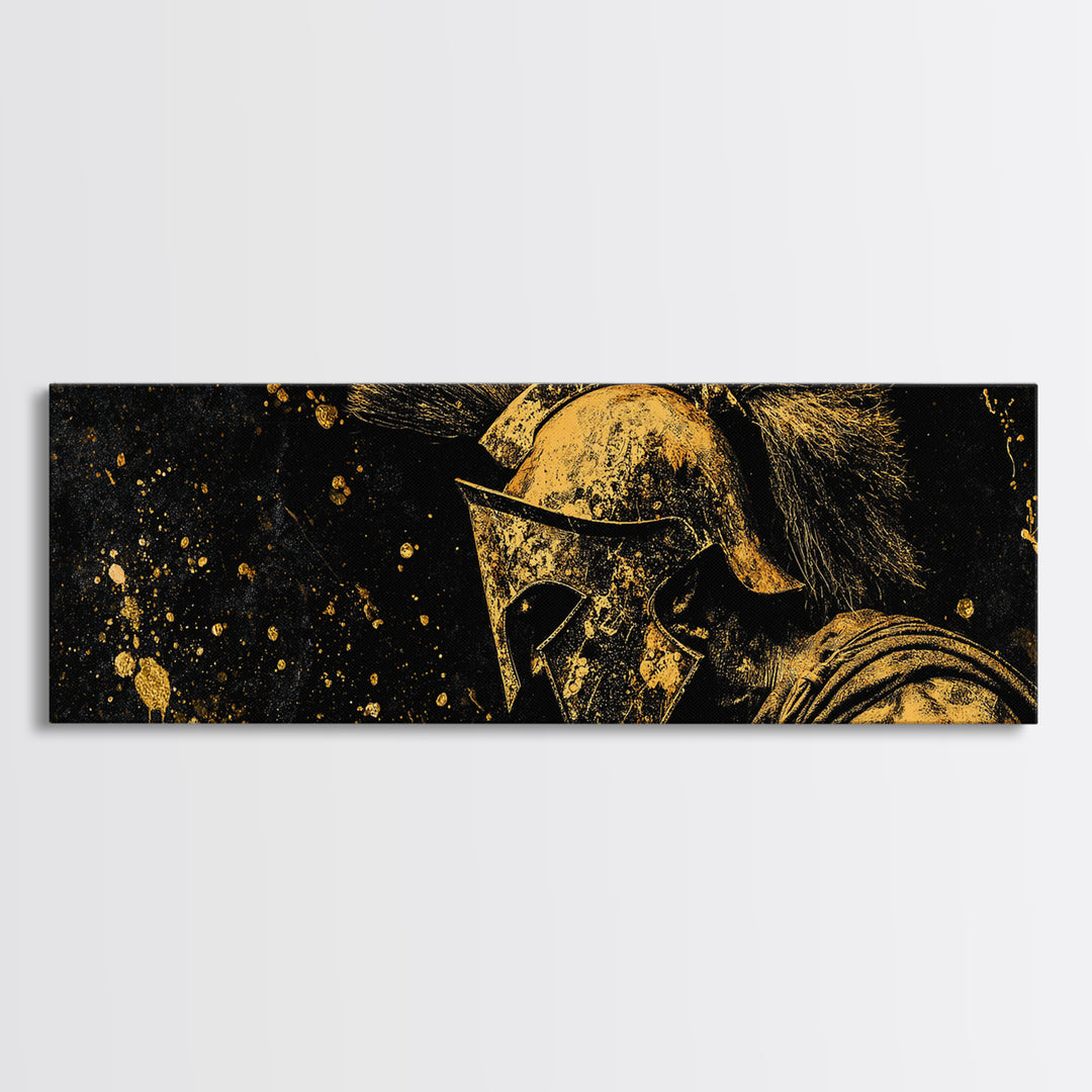 Spartan Helmet Portrait, Ancient Greek Warrior Symbol Of Strength Decorative Artwork, Gold Canvas Print, Real Wood Frame Art