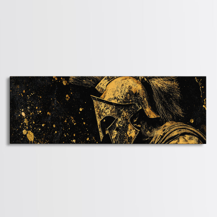 Spartan Helmet Portrait, Ancient Greek Warrior Symbol Of Strength Decorative Artwork, Gold Canvas Print, Real Wood Frame Art