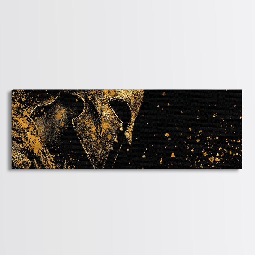 Spartan Warrior Close Up, Mythological Greek Helmet Armor Decorative Wall Artwork, Gold Canvas Print, Real Wood Frame Decor