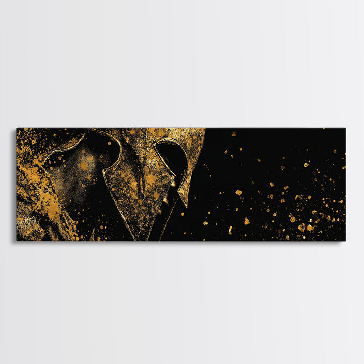 Spartan Warrior Close Up, Mythological Greek Helmet Armor Decorative Wall Artwork, Gold Canvas Print, Real Wood Frame Decor