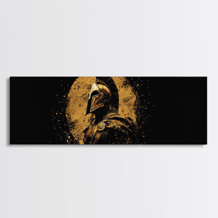Heroic Spartan Warrior, Ancient Greek Mythological Armor Symbol Decorative Artwork, Gold Canvas Print, Real Wood Frame Wall Art