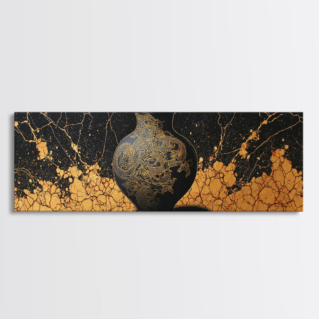 Ancient Golden Vase, Mythical Dragon Engraving Wall Decor, Gold Canvas Print, Real Wood Framed Art