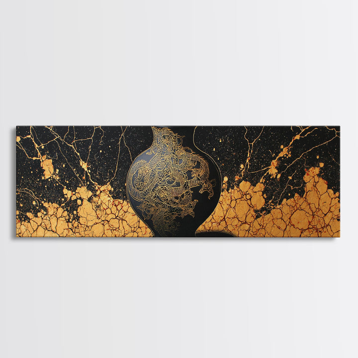 Ancient Golden Vase, Mythical Dragon Engraving Wall Decor, Gold Canvas Print, Real Wood Framed Art