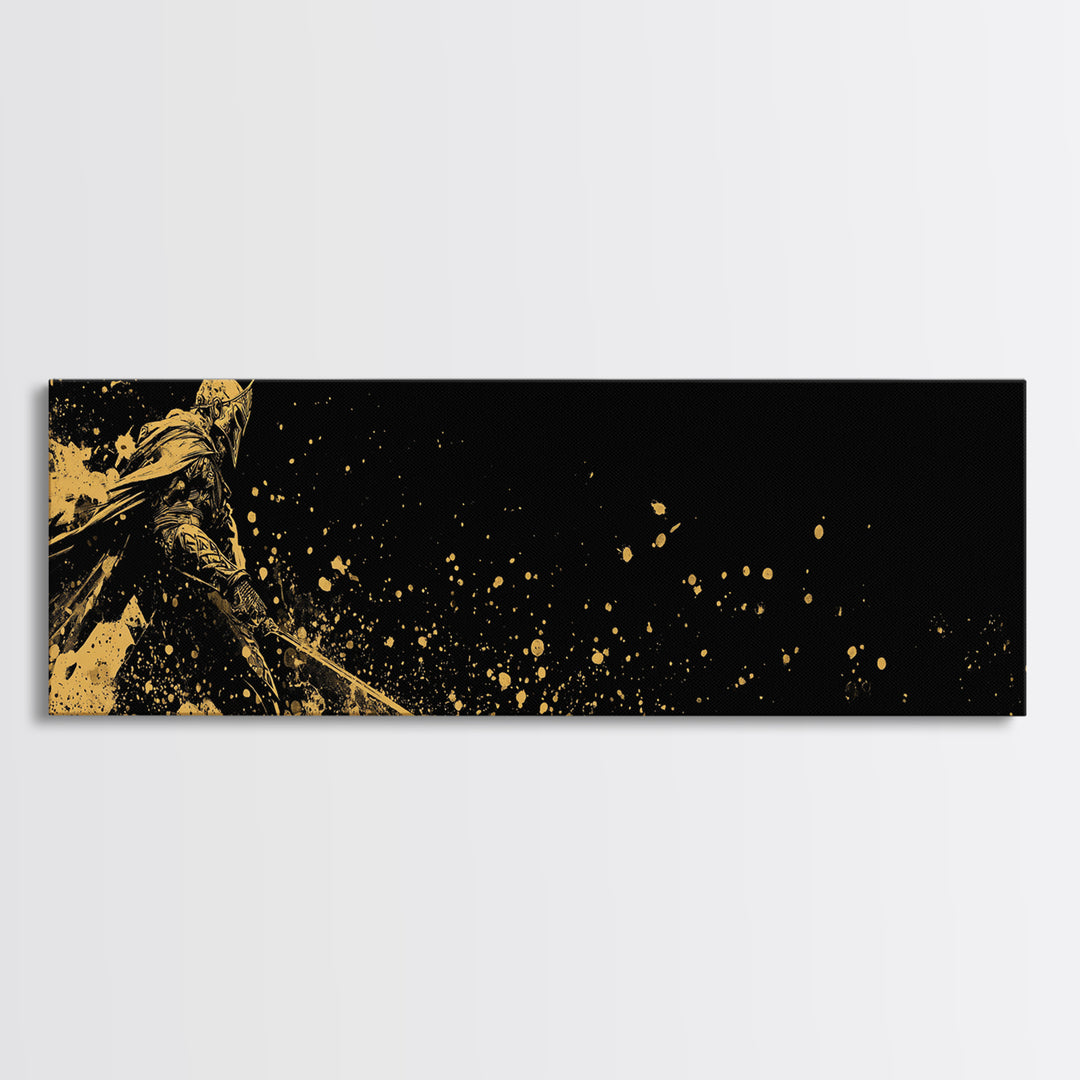 Spartan Warrior Battle Pose, Ancient Greek Hero With Sword Decorative Wall Artwork, Gold Canvas Print, Real Wood Frame Decor