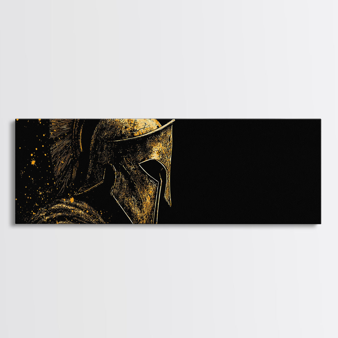 Spartan Helmet Profile, Ancient Greek Mythological Warrior Armor Decorative Artwork, Gold Canvas Print, Real Wood Frame Wall Art