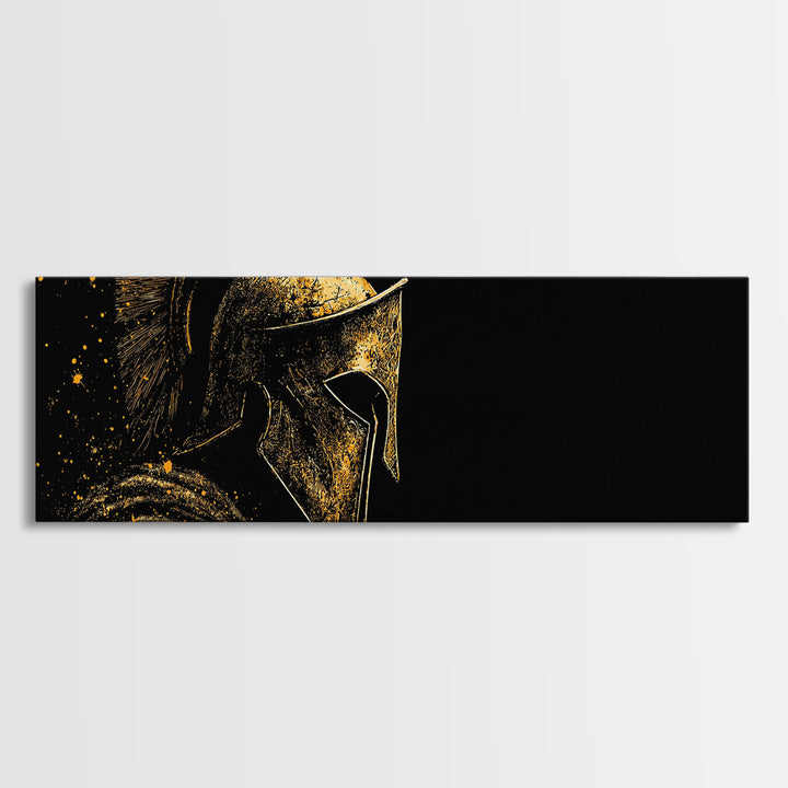 Spartan Helmet Profile, Ancient Greek Mythological Warrior Armor Decorative Artwork, Gold Canvas Print, Real Wood Frame Wall Art